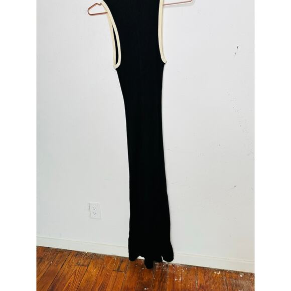 SANDRO Black White Ribbed Knit Beige Button Placket Gabriel Maxi Dress Size 38 - Picture 9 of 16